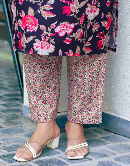 Navy Blue Printed Rayon Straight Kurta With Pant And Dupatta