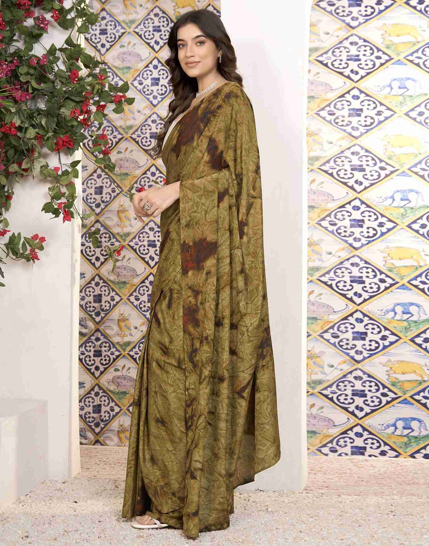 Ready To Wear Peanut Brown Georgette Printed Saree