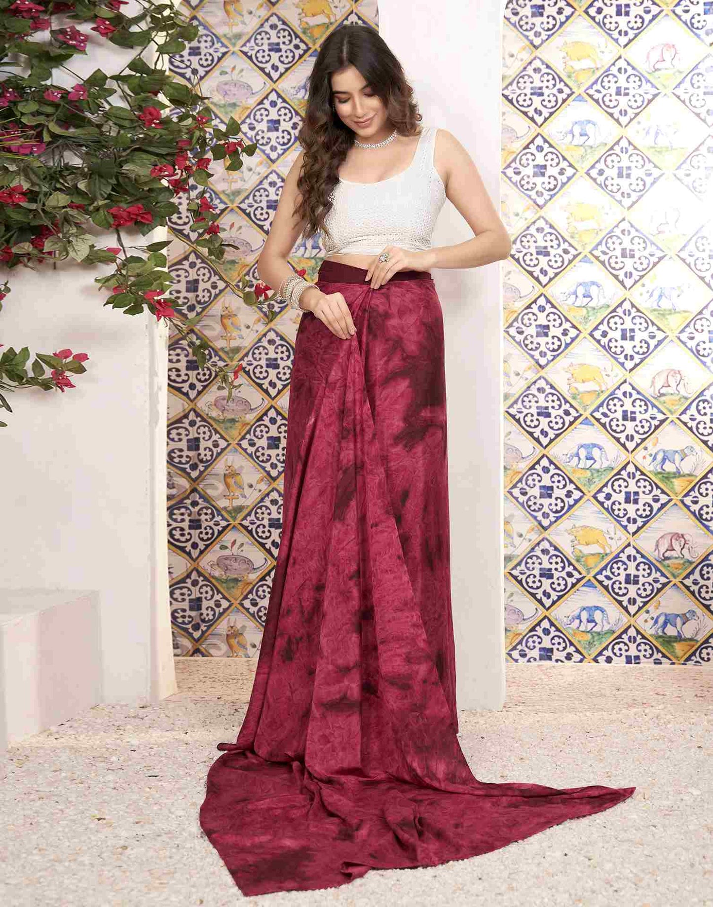 Ready To Wear Red Georgette Printed Saree