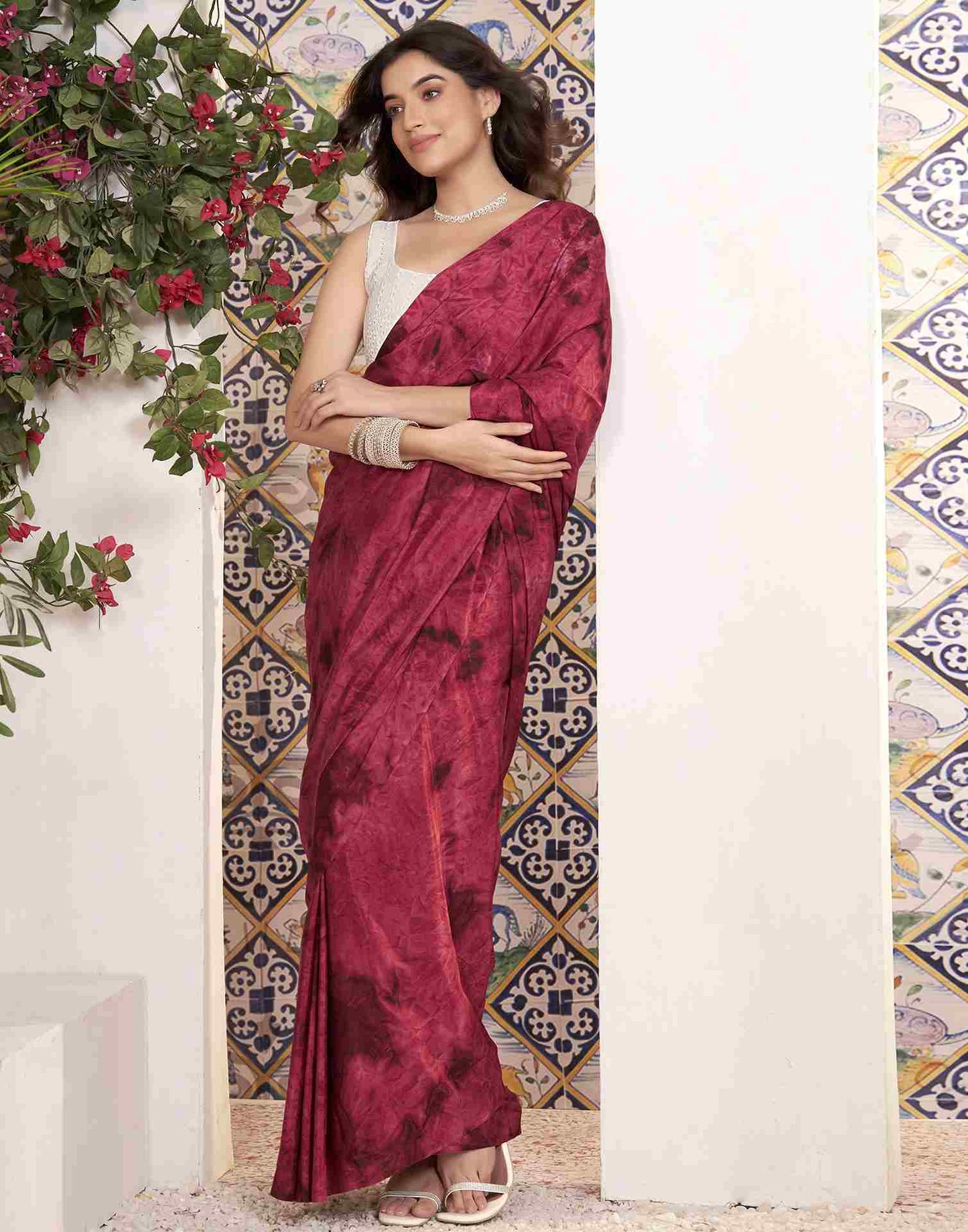 Ready To Wear Red Georgette Printed Saree