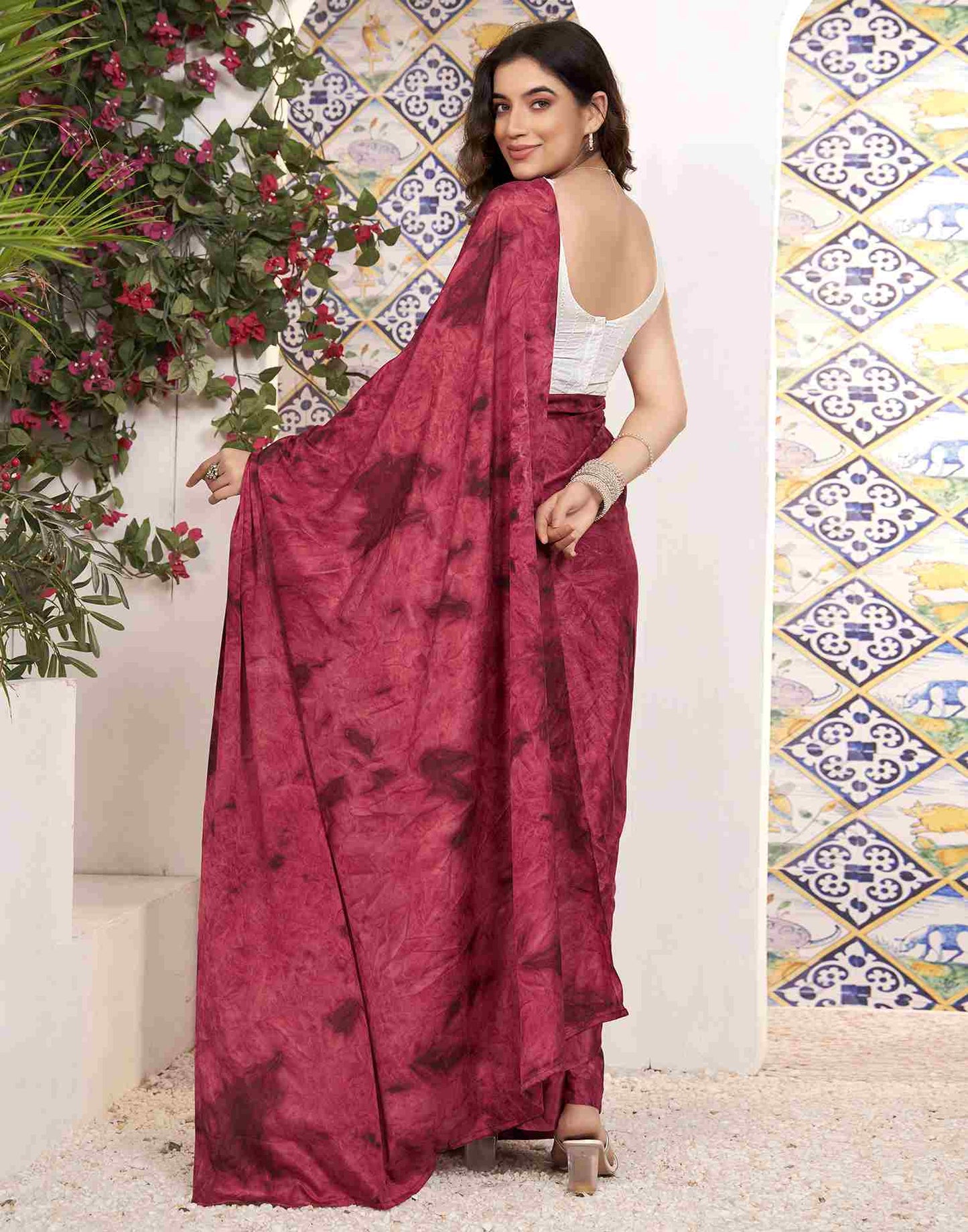 Ready To Wear Red Georgette Printed Saree