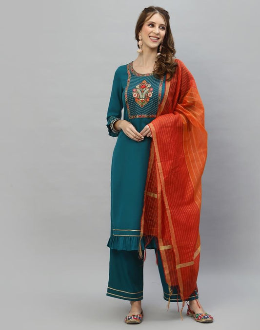 Teal Kurti With Pant And Dupatta | Leemboodi