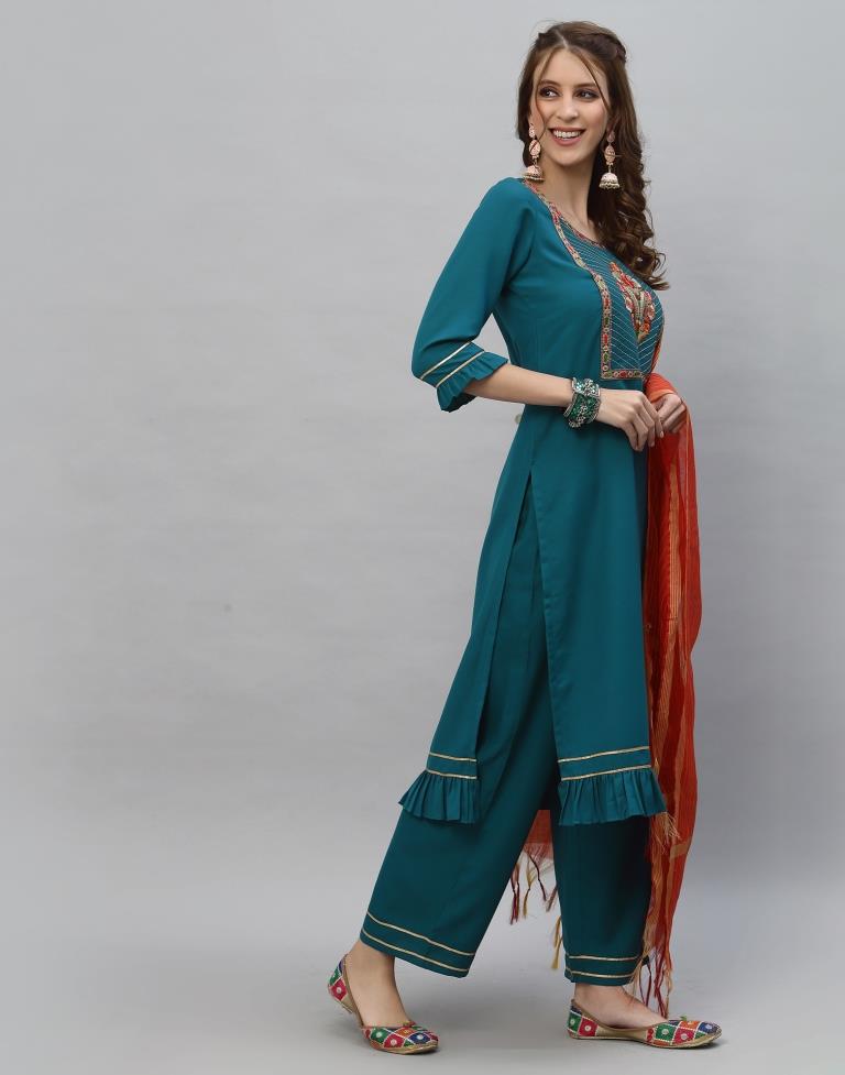 Teal Kurti With Pant And Dupatta | Leemboodi