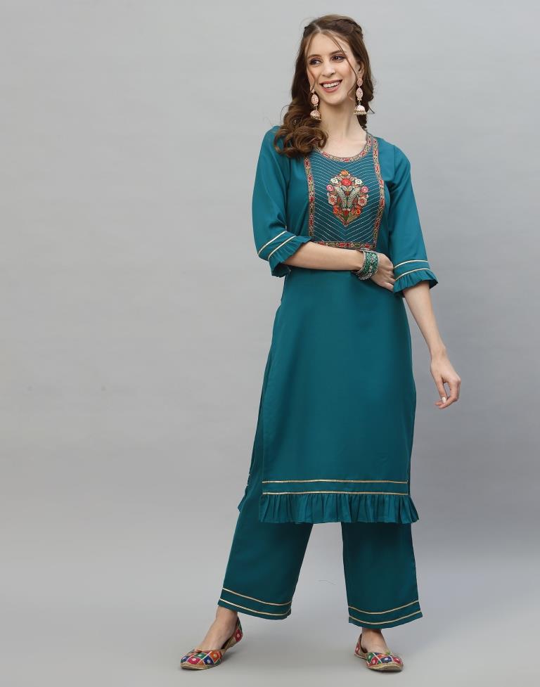 Teal Kurti With Pant And Dupatta | Leemboodi