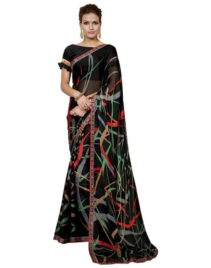 Black Coloured Chiffon Printed Laced Casual saree | Leemboodi