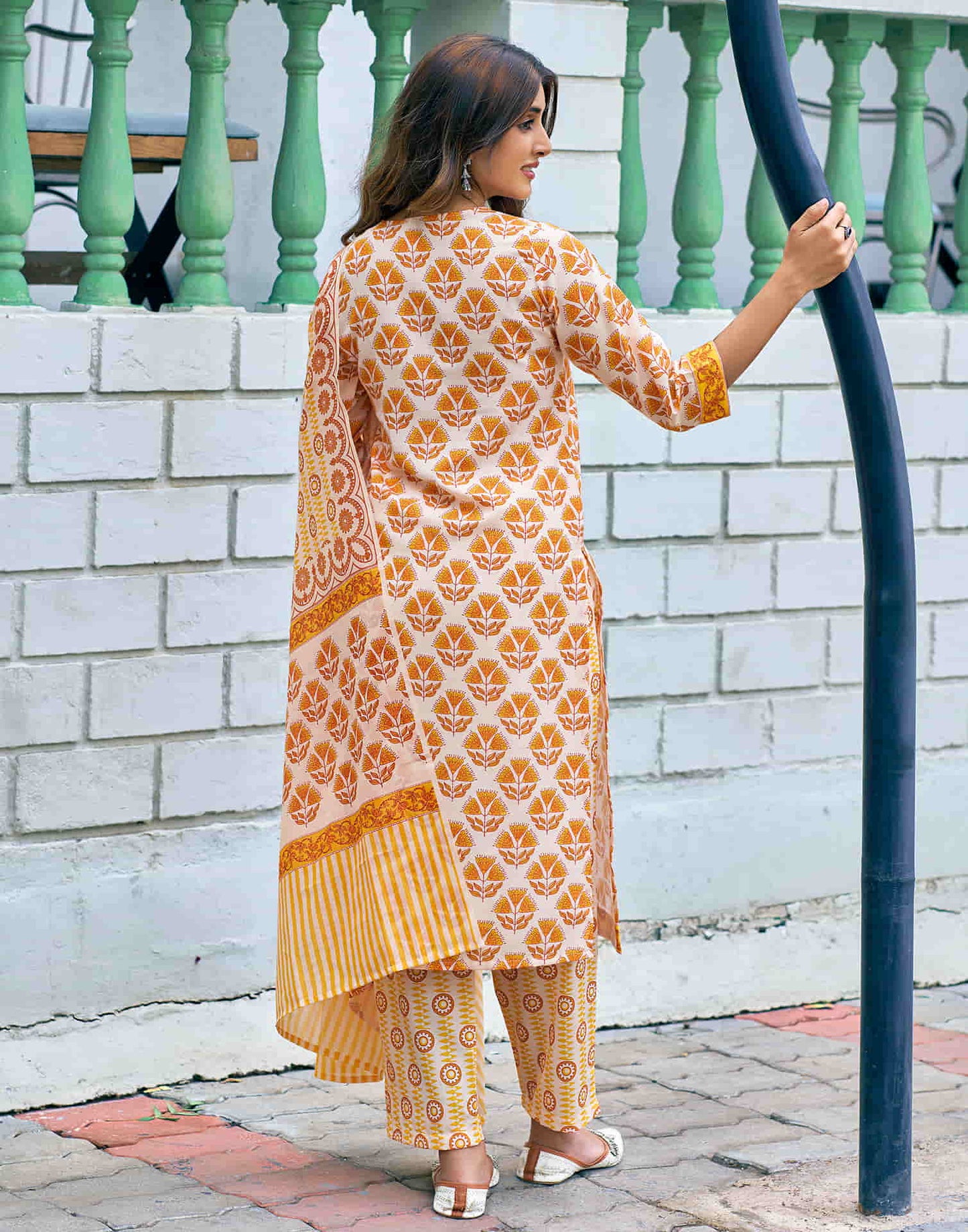 Cream Printed Rayon Straight Kurta With Pant And Dupatta