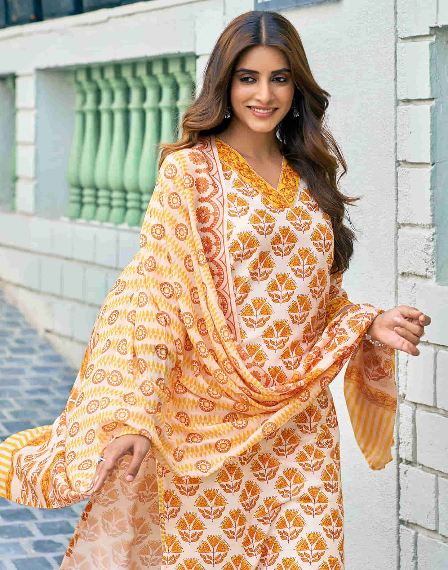 Cream Printed Rayon Straight Kurta With Pant And Dupatta