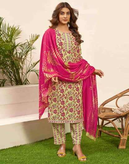 Pale Olive Green Printed Rayon Straight Kurta With Pant And Dupatta