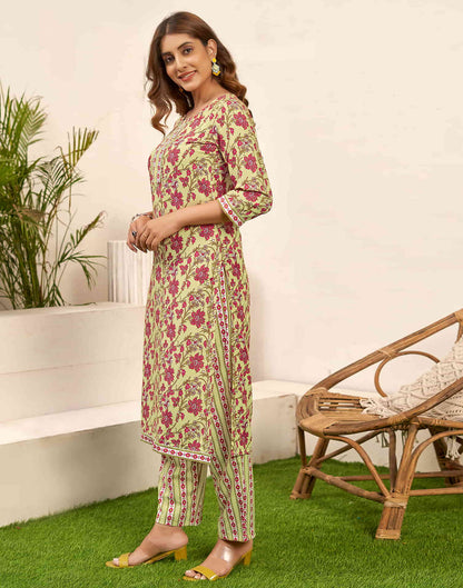 Pale Olive Green Printed Rayon Straight Kurta With Pant And Dupatta