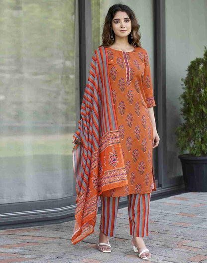 Brunt Orange Rayon Printed Straight Kurta Set With Dupatta