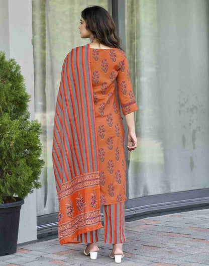 Brunt Orange Rayon Printed Straight Kurta Set With Dupatta