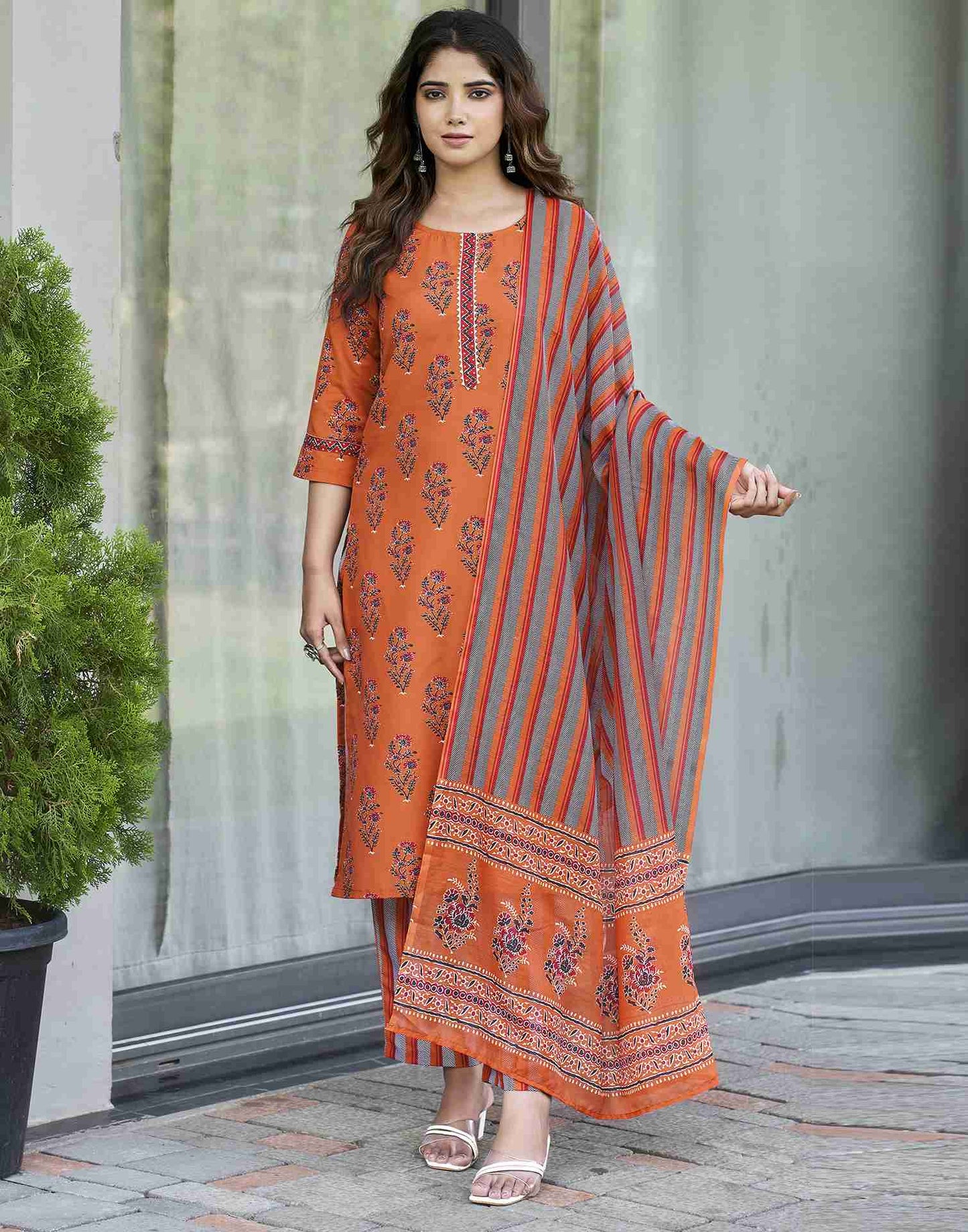 Brunt Orange Rayon Printed Straight Kurta Set With Dupatta