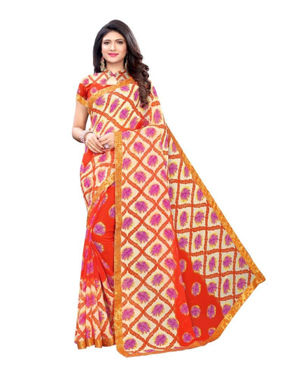 Orange Coloured Georgette Printed Laced Casual saree | Sudathi