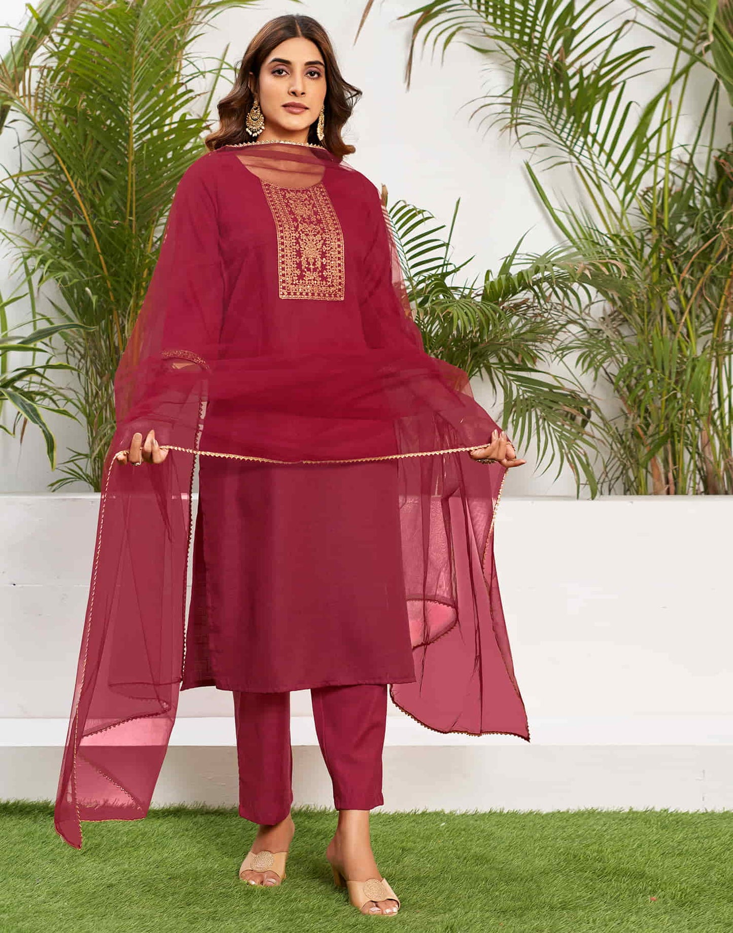 Cherry Red Sequence Cotton Straight Kurta With Pant And Dupatta