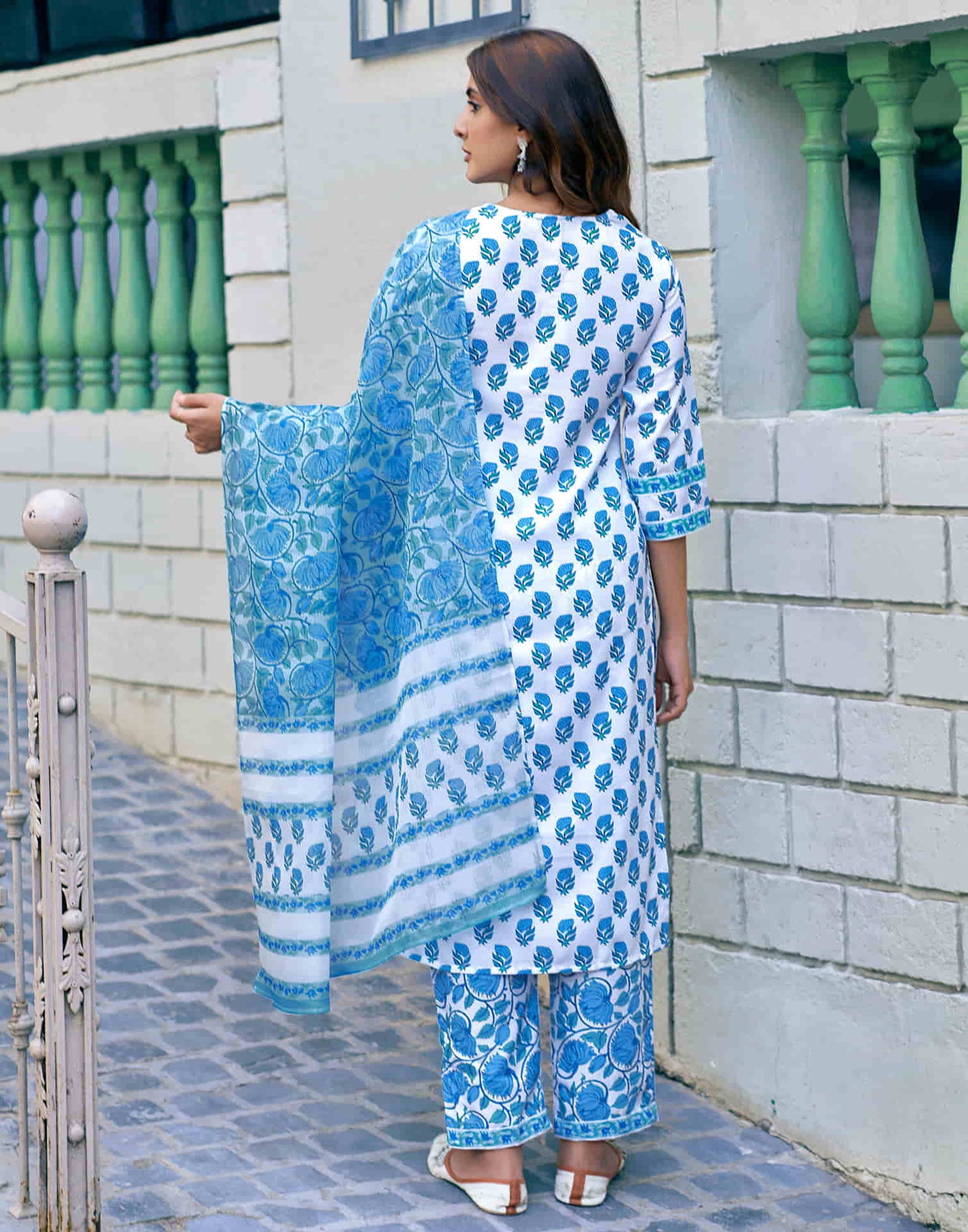 White Printed Rayon Straight Kurta With Pant And Dupatta