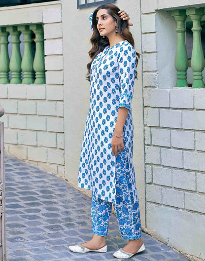 White Printed Rayon Straight Kurta With Pant And Dupatta