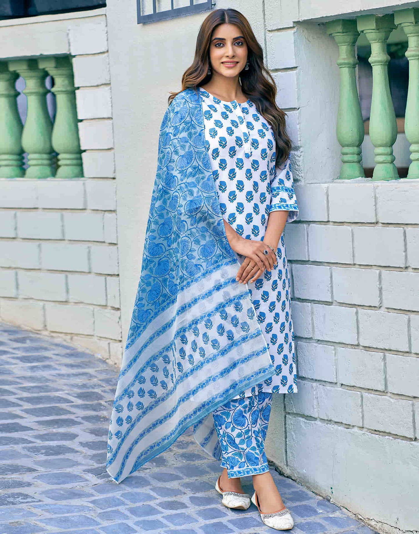 White Printed Rayon Straight Kurta With Pant And Dupatta