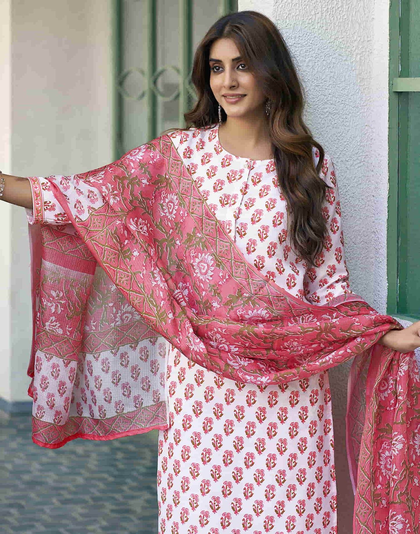 White Printed Rayon Straight Kurta With Pant And Dupatta