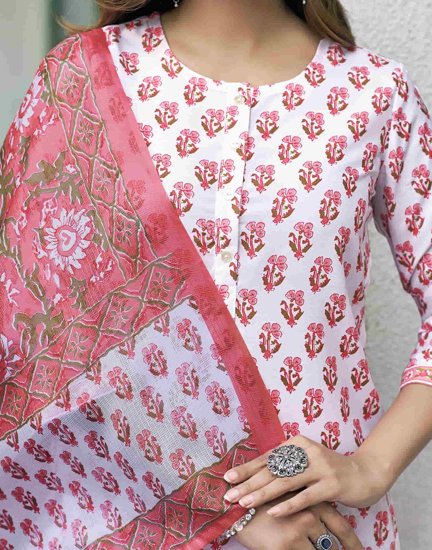 White Printed Rayon Straight Kurta With Pant And Dupatta