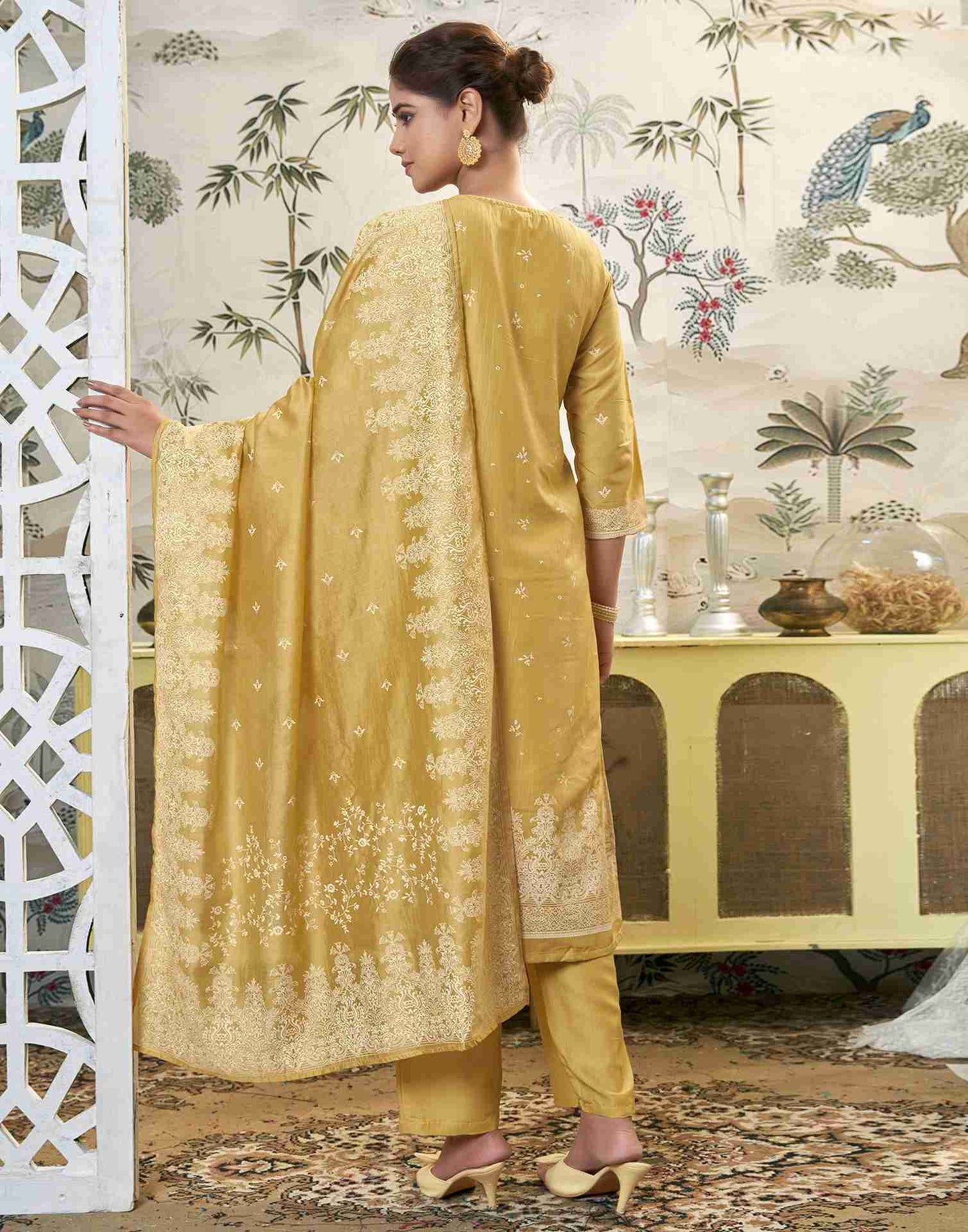 Yellow Printed Chinnon Straight Kurta Set With Dupatta