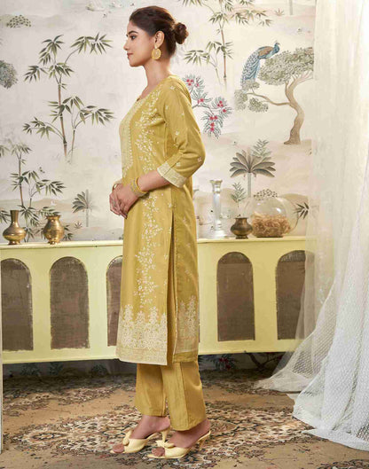 Yellow Printed Chinnon Straight Kurta Set With Dupatta