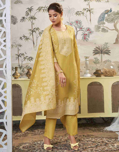 Yellow Printed Chinnon Straight Kurta Set With Dupatta