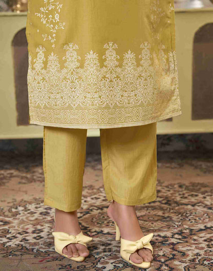 Yellow Printed Chinnon Straight Kurta Set With Dupatta