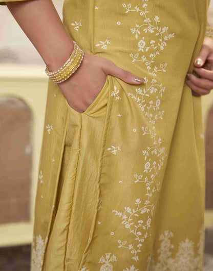 Yellow Printed Chinnon Straight Kurta Set With Dupatta