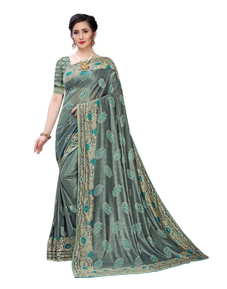 Teal Blue Coloured Lycra Jacquard Partywear saree | Leemboodi