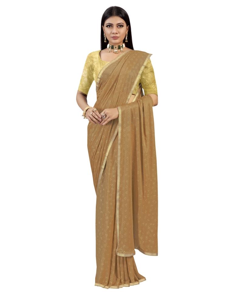 Dark Beige Coloured Lycra Foil Printed Laced Casual saree | Sudathi