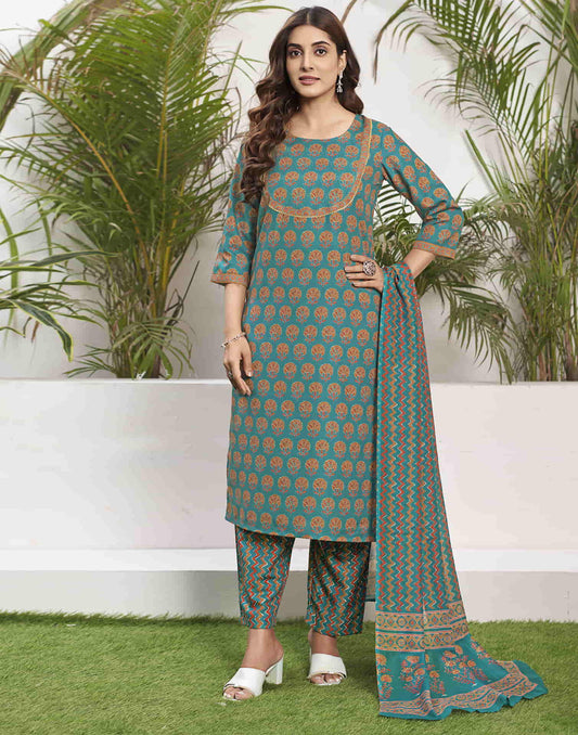 Rama Green Printed Rayon Straight Kurta With Pant And Dupatta