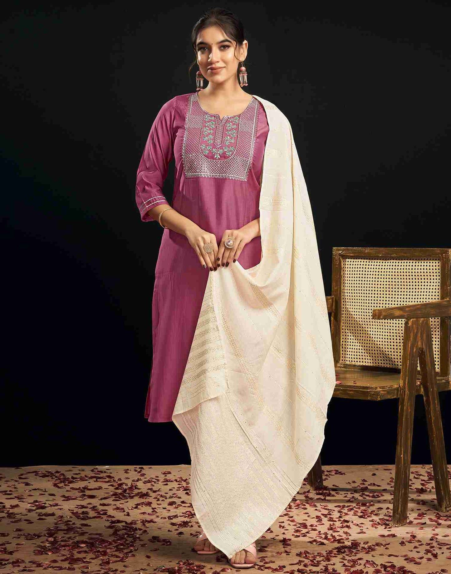 Rose Pink Silk Embroidery Straight Kurta Set With Dupatta