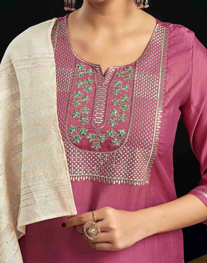 Rose Pink Silk Embroidery Straight Kurta Set With Dupatta