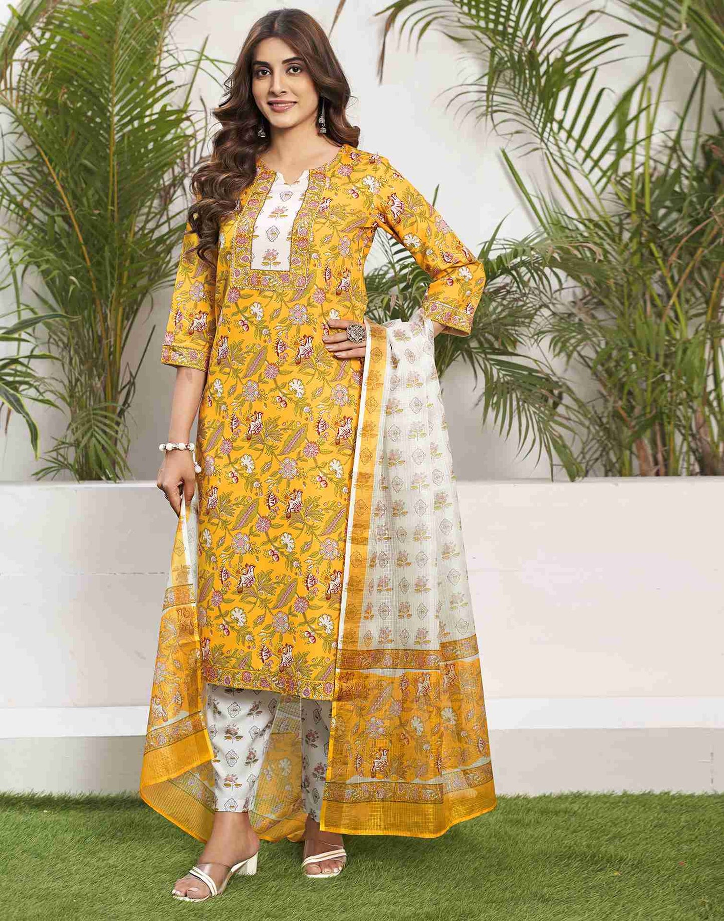 Yellow Printed Rayon Straight Kurta Set With Dupatta