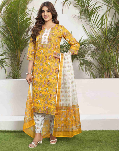 Yellow Printed Rayon Straight Kurta Set With Dupatta