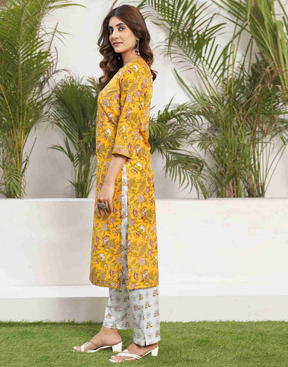 Yellow Printed Rayon Straight Kurta Set With Dupatta