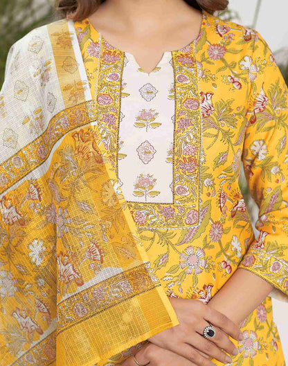 Yellow Printed Rayon Straight Kurta Set With Dupatta