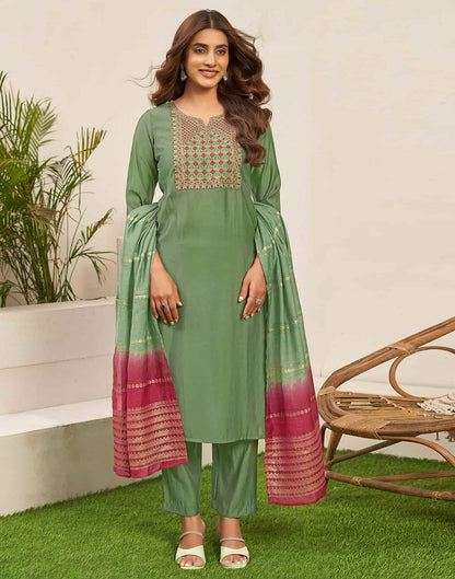 Light Olive Green Embroidery Silk Straight Kurta With Pant And Dupatta