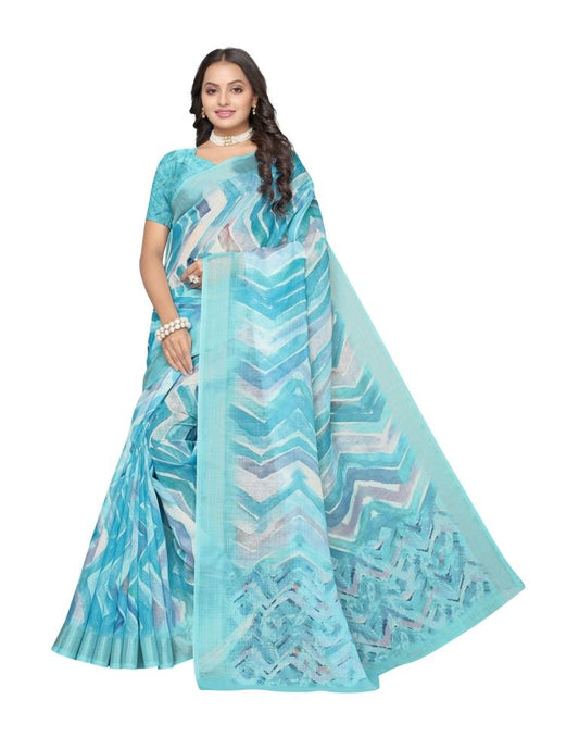 Blue Coloured Linen Digital Printed Jari Border Partywear saree | Leemboodi