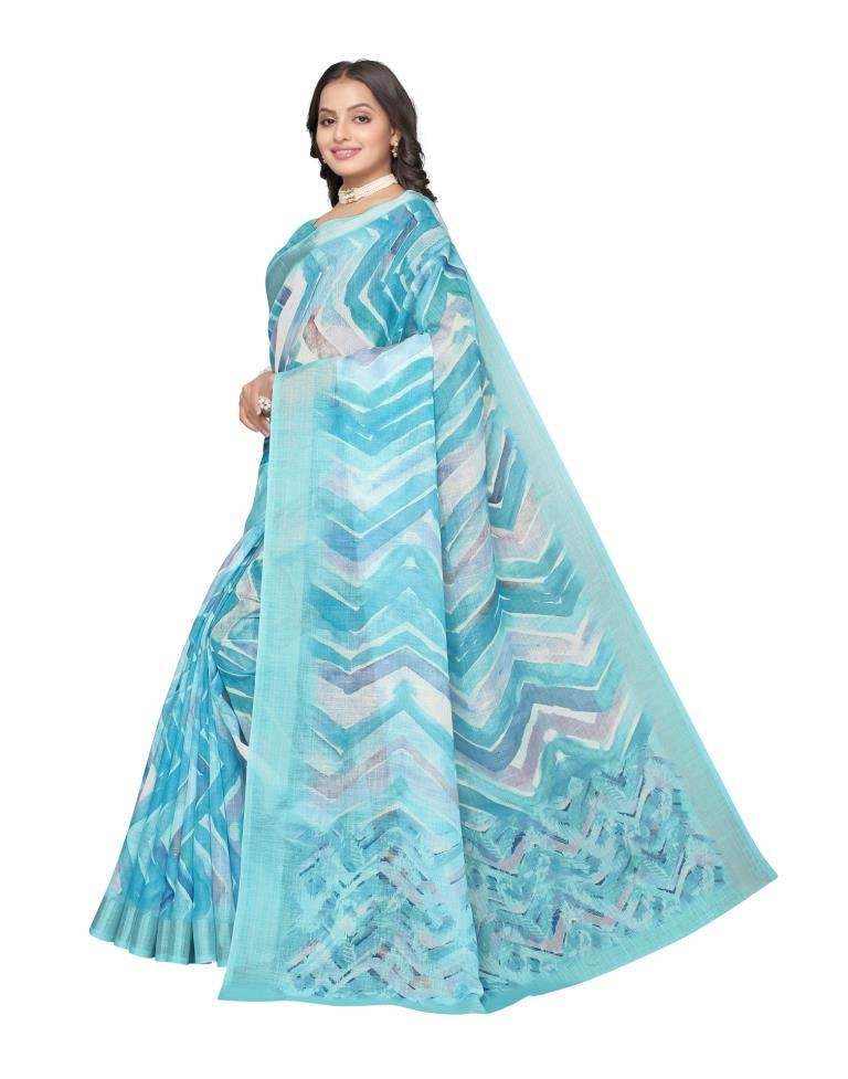 Blue Coloured Linen Digital Printed Jari Border Partywear saree | Leemboodi