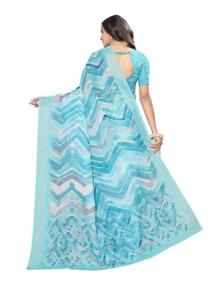 Blue Coloured Linen Digital Printed Jari Border Partywear saree | Leemboodi
