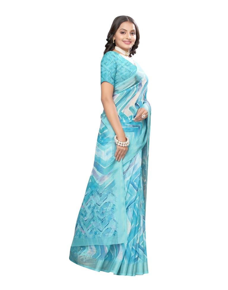 Blue Coloured Linen Digital Printed Jari Border Partywear saree | Leemboodi