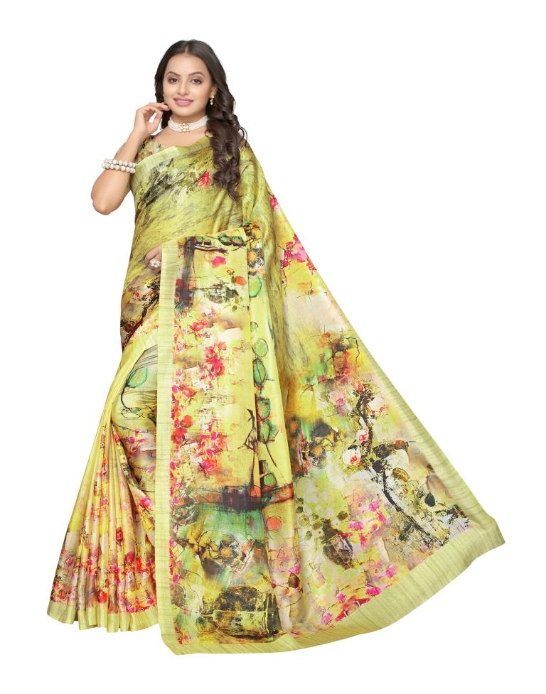 Yellow Printed Silk Saree