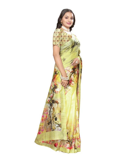 Yellow Printed Silk Saree