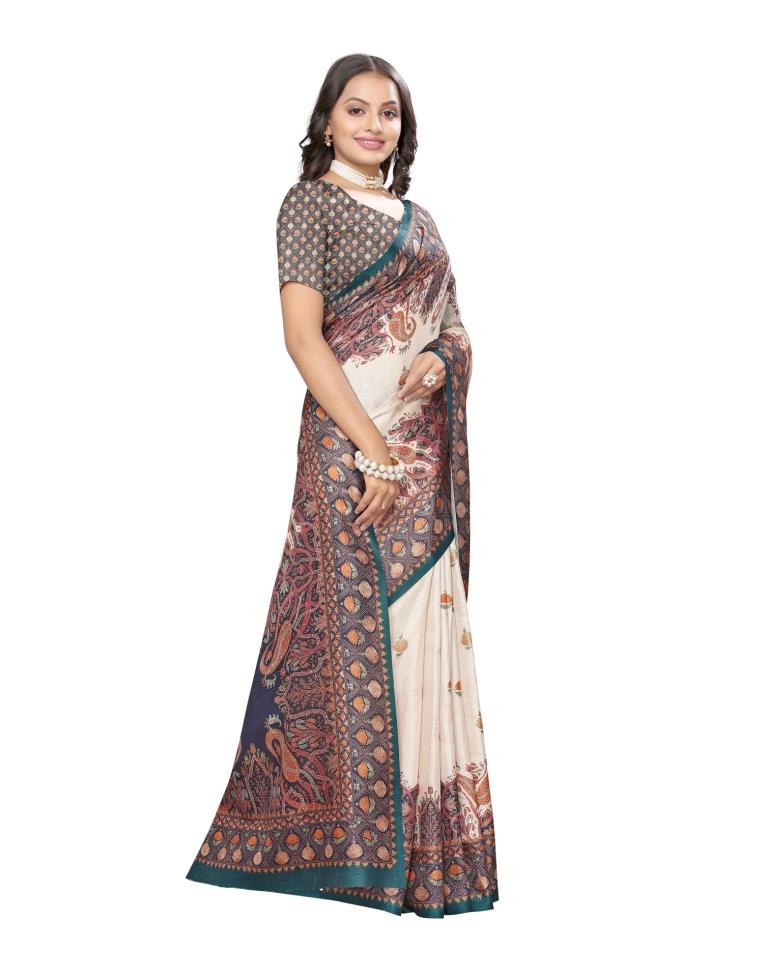 Navy Blue Printed Silk Saree