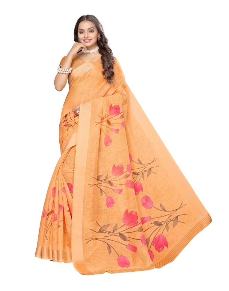 Orange Coloured Cotton Blend Printed Jari Border Partywear saree | Leemboodi