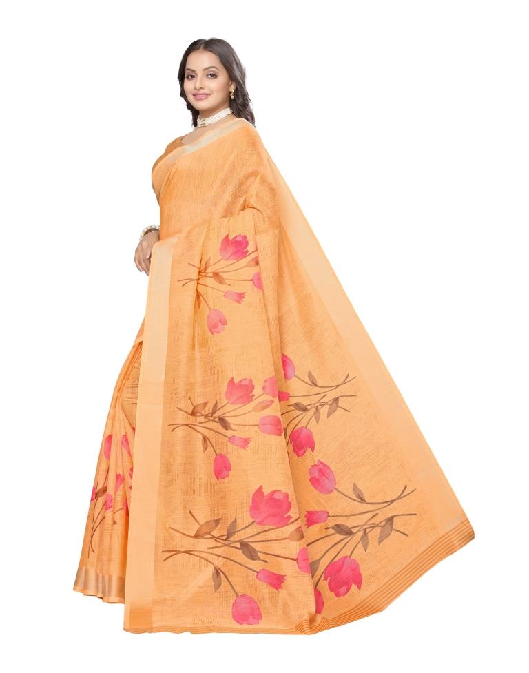 Orange Coloured Cotton Blend Printed Jari Border Partywear saree | Leemboodi