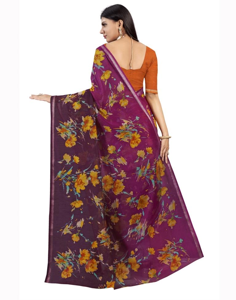 Purple Coloured Cotton Blend Printed Jari Border Casual saree | Leemboodi