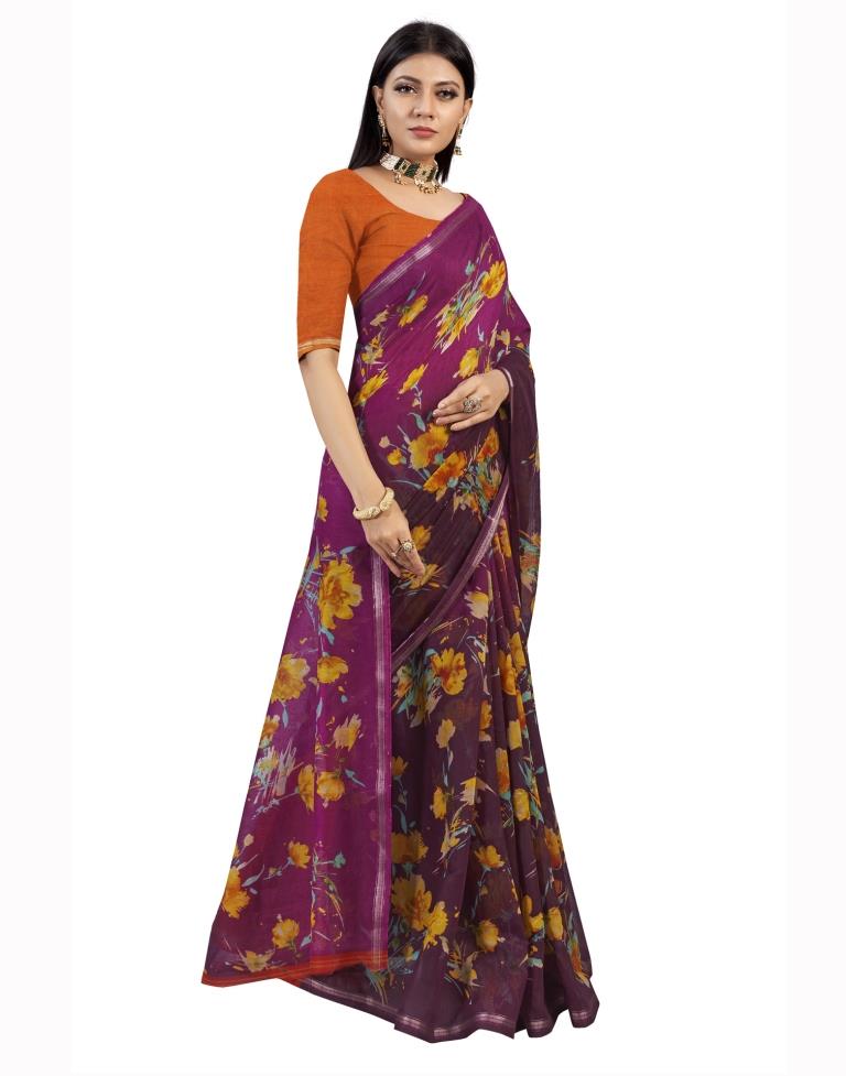 Purple Coloured Cotton Blend Printed Jari Border Casual saree | Leemboodi