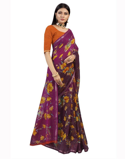 Purple Coloured Cotton Blend Printed Jari Border Casual saree | Leemboodi